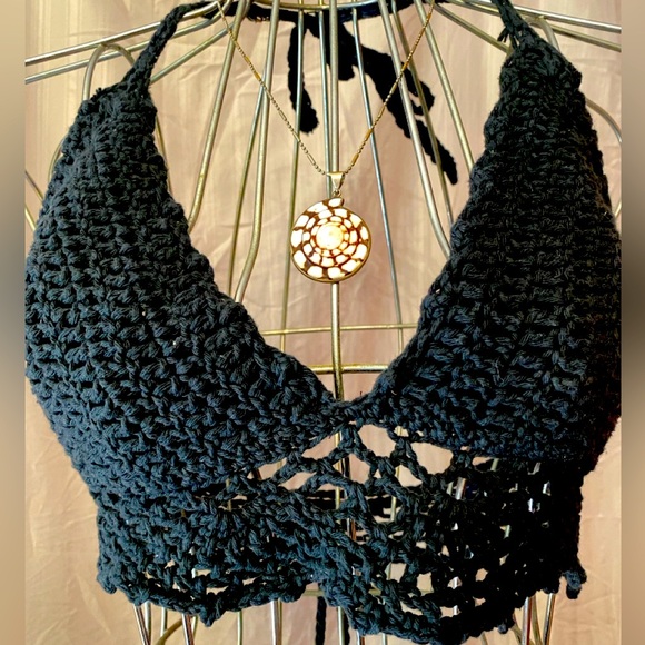 FOUR Hand Crocheted Bikini Tops, Black, Red, Burgundy and Cream. Adjustable. - Picture 2 of 11